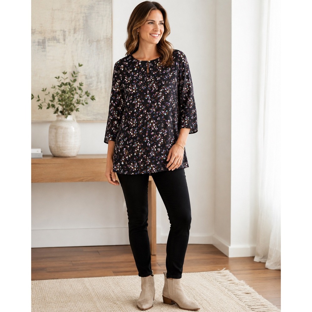 J.Jill Wearever XL Floral Tunic Blouse Black 3/4 Sleeve Lagenlook Travel